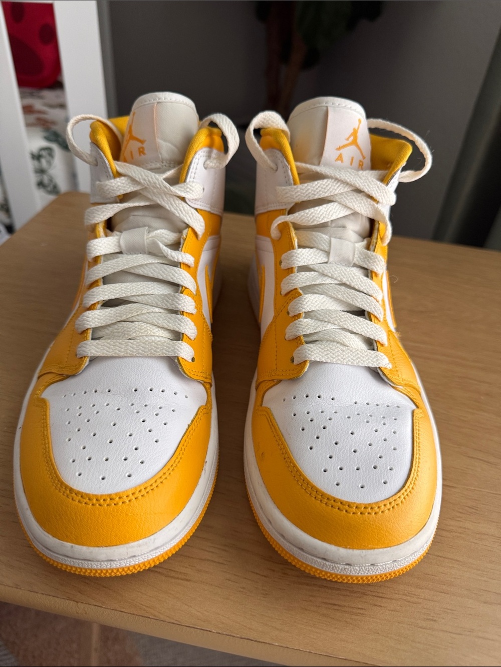 Nike Air Jordan 1 Mid White and Yellow Basketball Sneakers - Picture 2 of 7